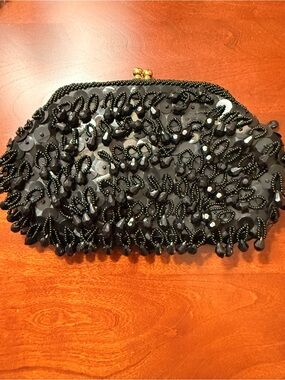 Black Beaded Evening Clutch - Elegant Statement Bag